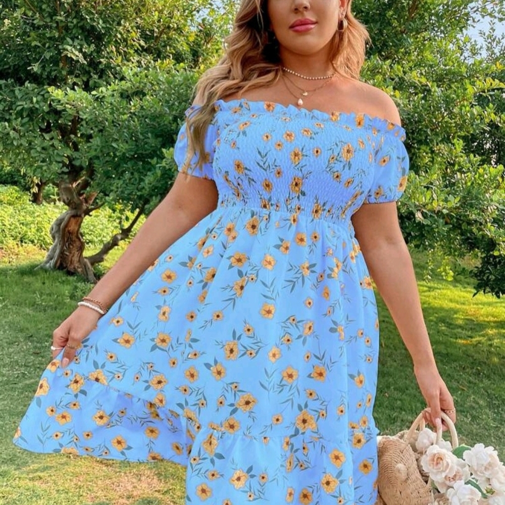 SHEIN Light Blue Off-Shoulder Floral Midi Dress